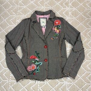 Echo Striped Blazer with Red Floral Embroidery